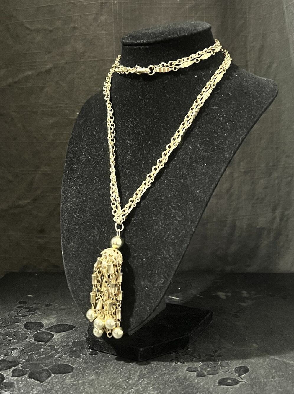 Vintage CORO Gold Tone Tassel Pendant Necklace Long Chain Signed